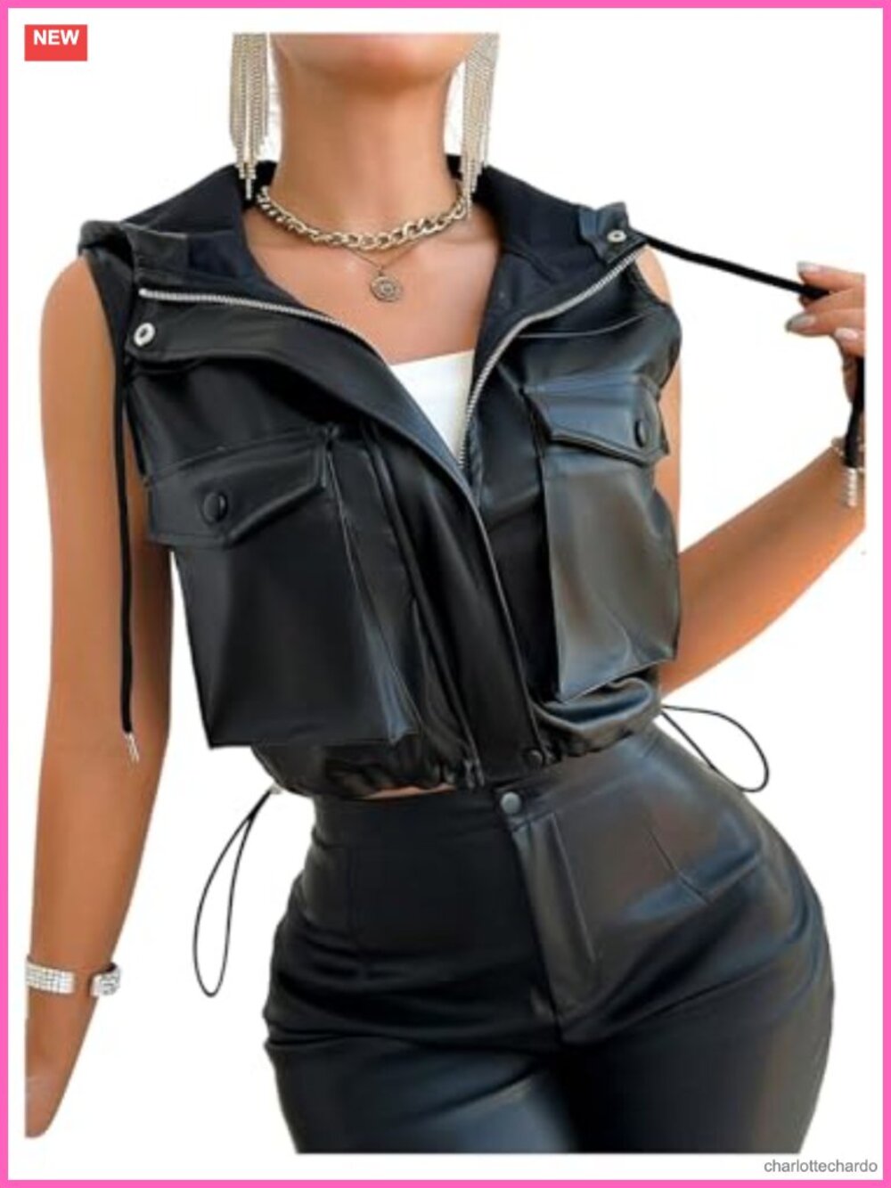 PU Leather Zip Up Cropped Hooded Vest Sleeveless Jacket with Pockets